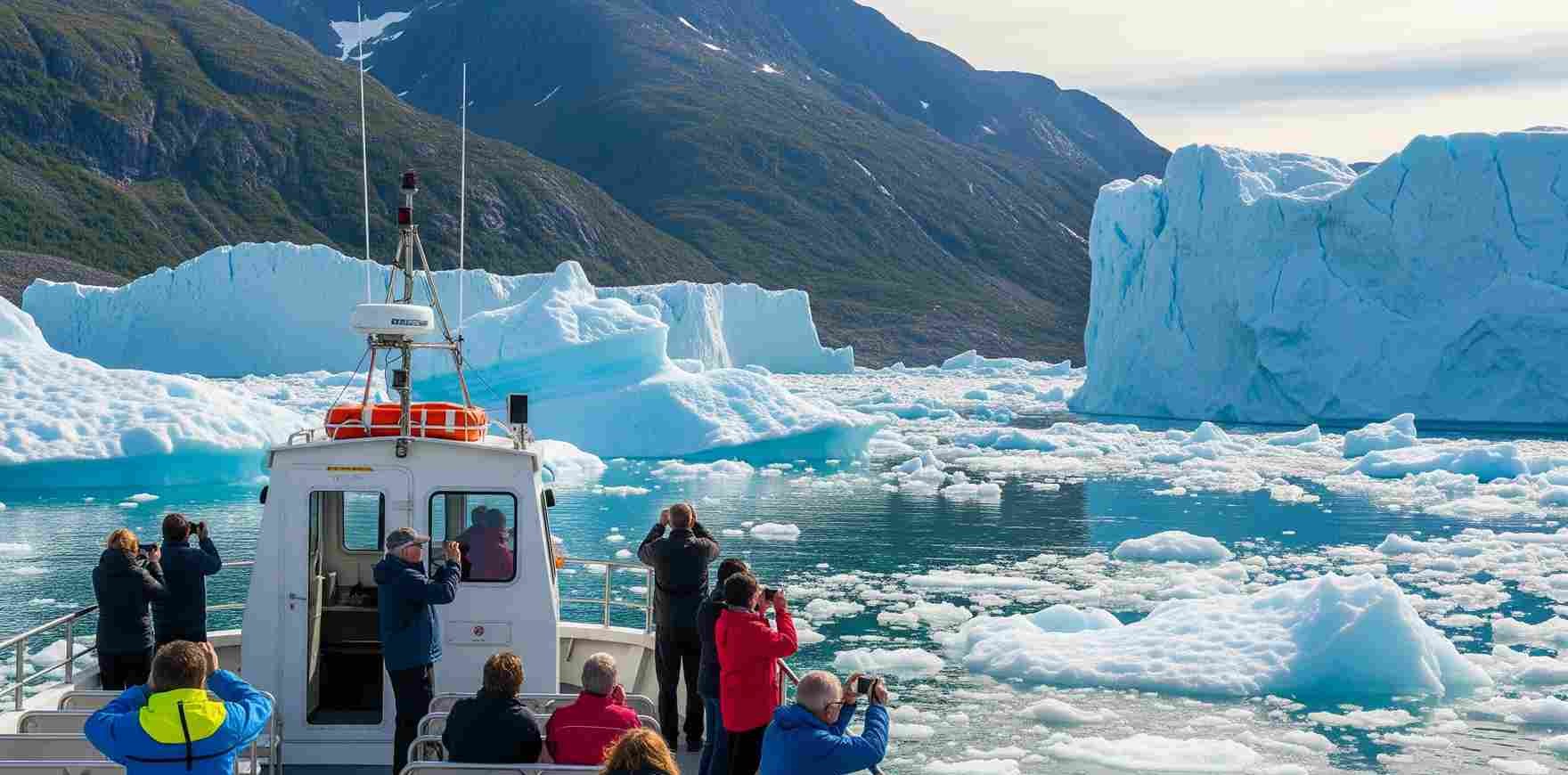 Salah satu wisata di Greenland, Ilulissat Icefjord yang sedang dikunjungi oleh beberapa turis.