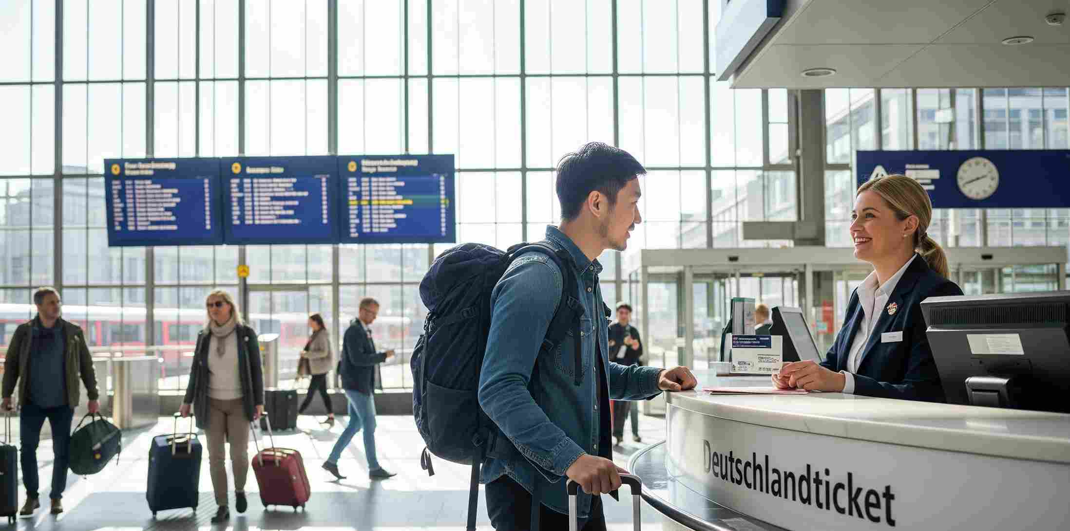 Seorang wisatawan dengan ransel dan koper sedang berbicara dengan petugas stasiun di Jerman, menanyakan tentang Deutschlandticket. Jerman adalah negara ramah backpacker yang dikenal dengan sistem transportasi yang efisien dan pelayanan yang membantu.