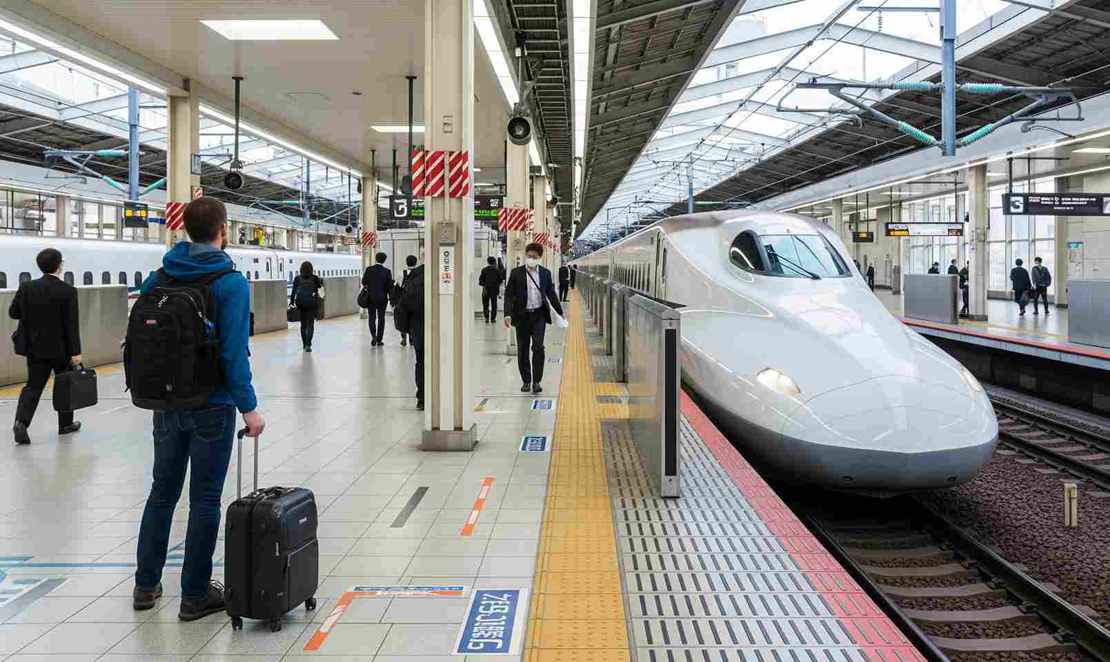 seorang wisatawan yang sedang menunggu Shinkansen di stasiun Jepang, menunjukkan efisiensi dan kebersihan transportasi di negara tersebut. Jepang adalah negara ramah backpacker yang menawarkan pengalaman perjalanan yang nyaman dan teratur.
