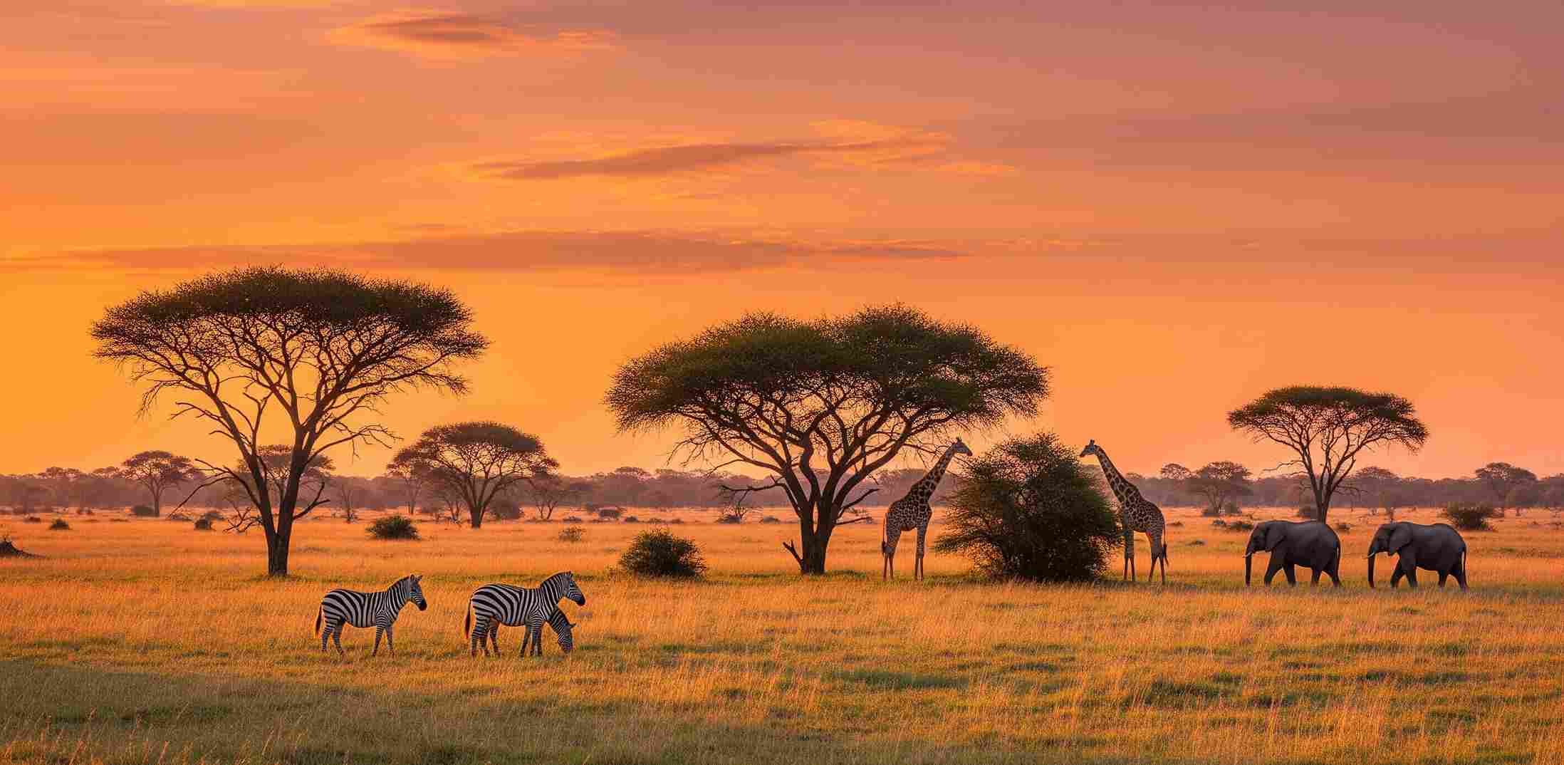 Lanskap Taman Nasional Kruger di Afrika Selatan, menampilkan sabana yang luas dengan satwa liar seperti gajah, jerapah, dan zebra, serta pohon akasia ikonik di bawah langit senja yang cerah. Pemandangan ini adalah salah satu daya tarik utama untuk wisata di Afrika Selatan.