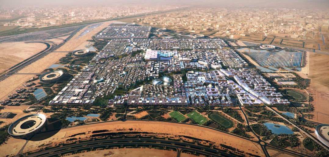 Kota Masdar di Uni Emirat Arab adalah salah satu kota futuristik di dunia yang dirancang ramah lingkungan—dengan bangunan berarsitektur modern, panel surya di atap, serta sistem transportasi tanpa emisi yang menunjukkan masa depan kota berkelanjutan.
