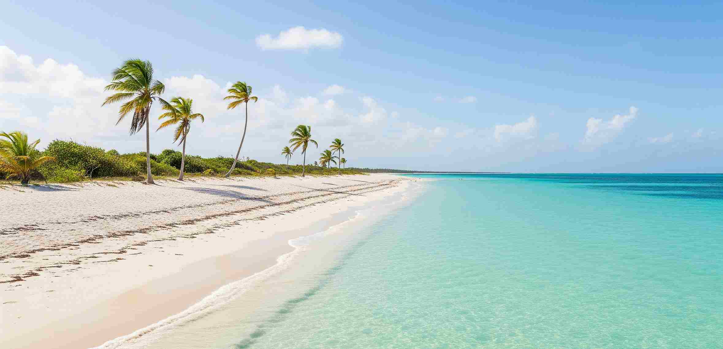 Pemandangan luas Playa Paraiso di Cayo Largo del Sur, Kuba, yang menunjukkan hamparan pasir putih yang sangat lembut dan air pirus yang sangat jernih dan tenang.