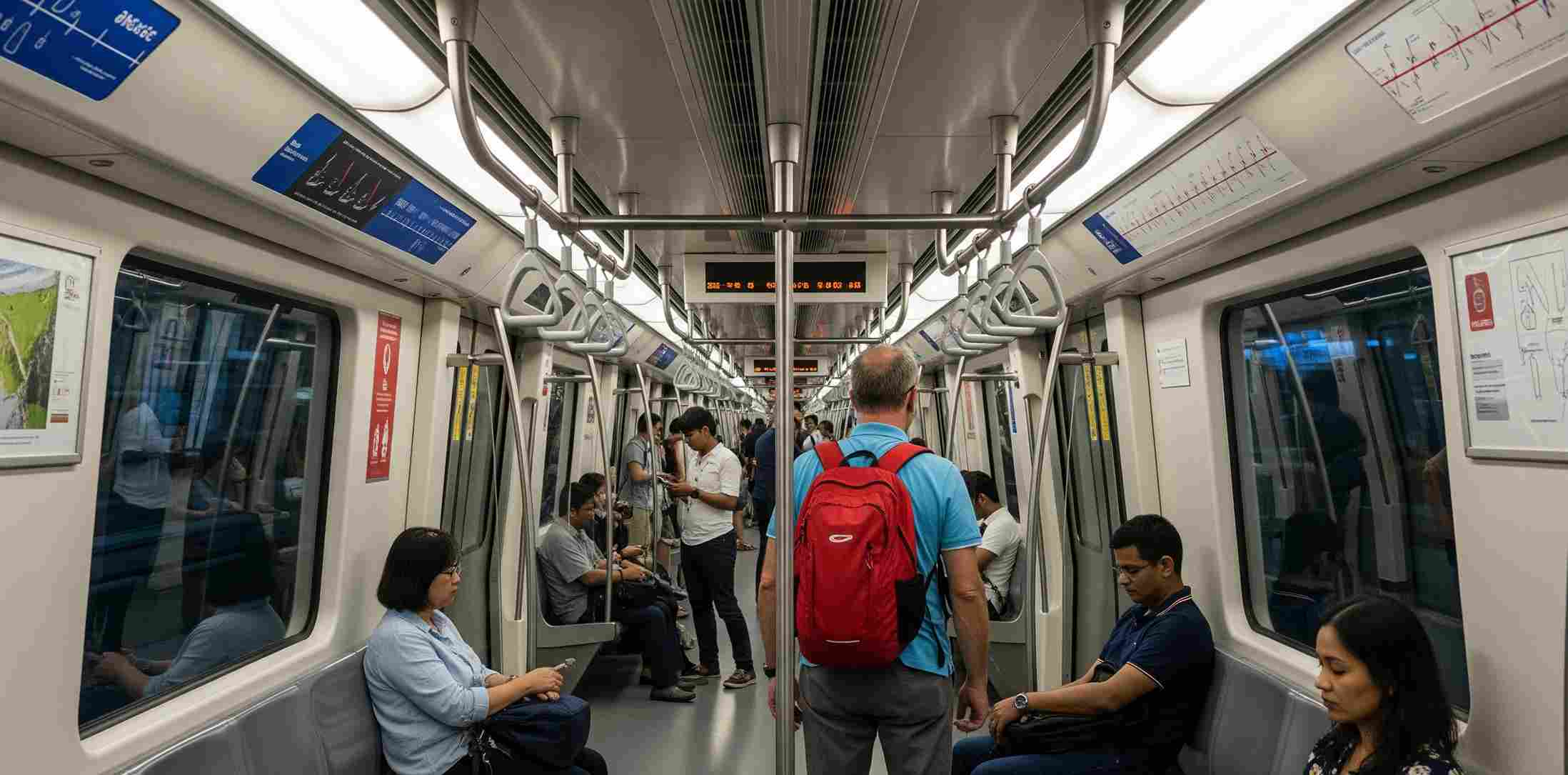 Seorang wisatawan dengan ransel merah sedang berdiri di dalam gerbong MRT Singapura yang bersih dan tertata rapi, dengan penumpang lain yang duduk dan berdiri. Singapura adalah negara ramah backpacker yang dikenal dengan sistem transportasi umum yang efisien dan nyaman.