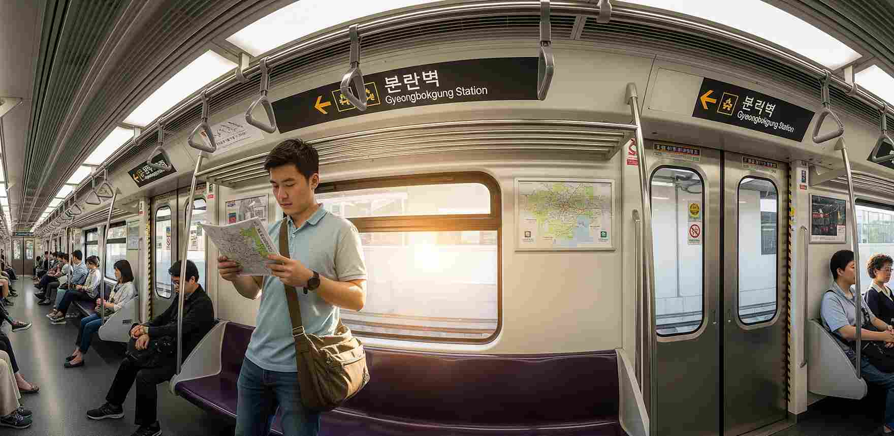 Seorang wisatawan yang sedang menaiki subway di Korea Selatan, melihat peta jalur kereta api, dengan tanda "Gyeongbokgung Station" terlihat jelas. Korea Selatan adalah negara ramah backpacker yang menawarkan sistem transportasi umum yang efisien untuk menjelajahi berbagai destinasi, termasuk situs bersejarah seperti Istana Gyeongbokgung.