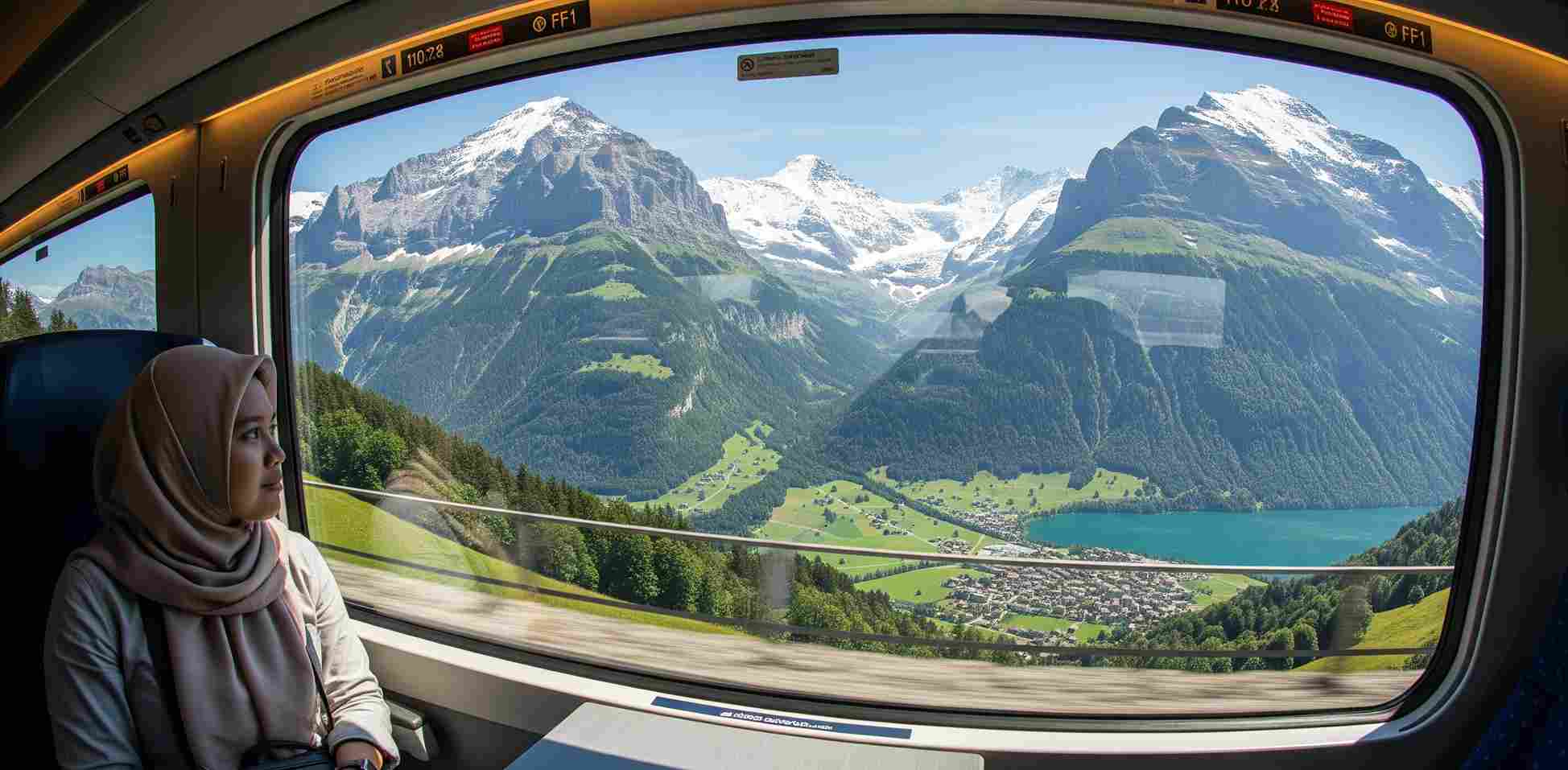 Seorang wisatawan Indonesia berhijab yang sedang menikmati pemandangan pegunungan Alpen Swiss yang menakjubkan, lembah hijau, dan danau biru dari dalam kereta yang nyaman.