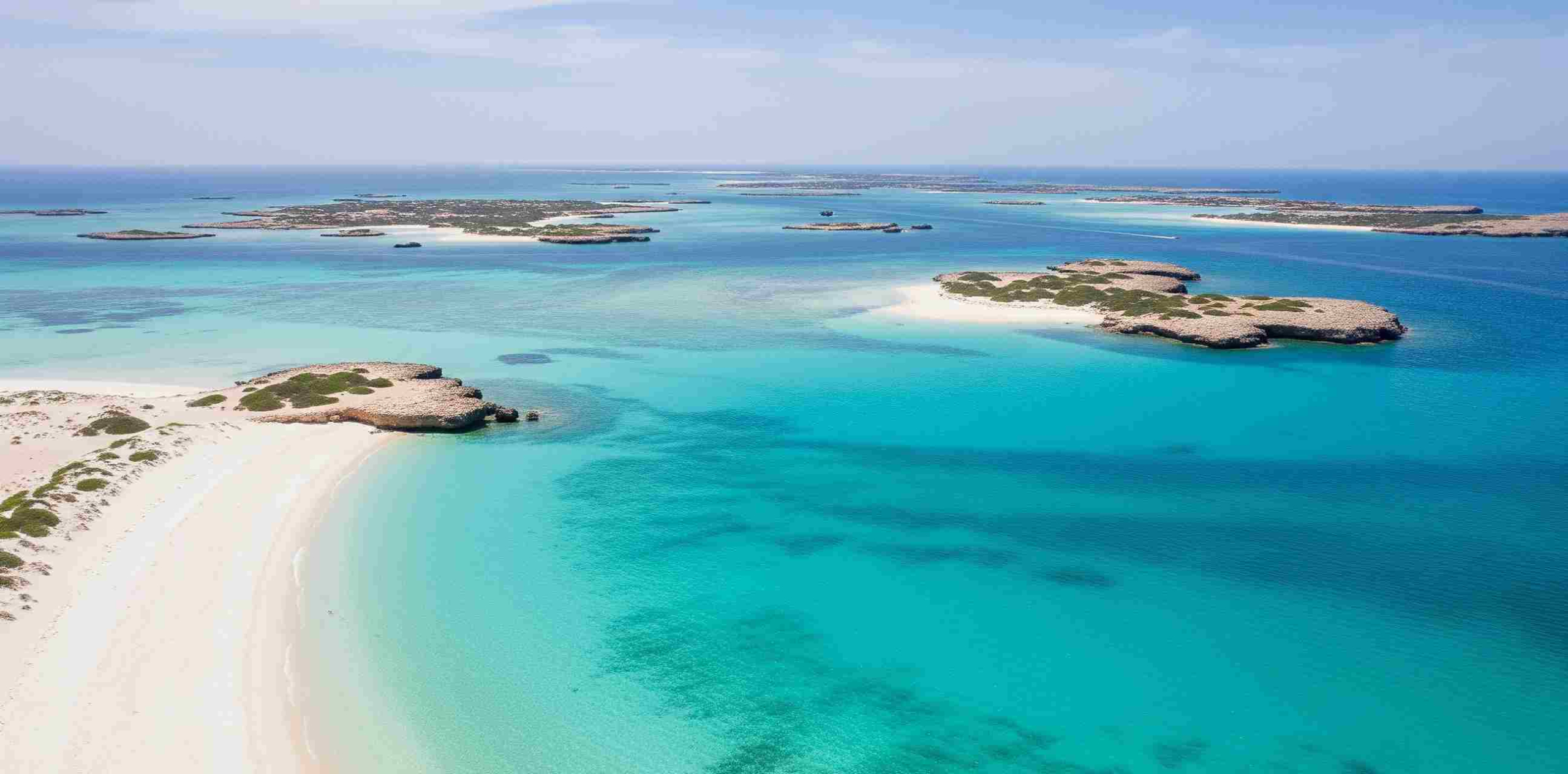Pemandangan udara Pantai Umluj di Arab Saudi, yang menunjukkan pasir putih bersih, air pirus yang sangat jernih, dan pulau-pulau kecil atau formasi batuan yang tersebar di kejauhan, menjadikannya salah satu pantai eksotis di Timur Tengah.