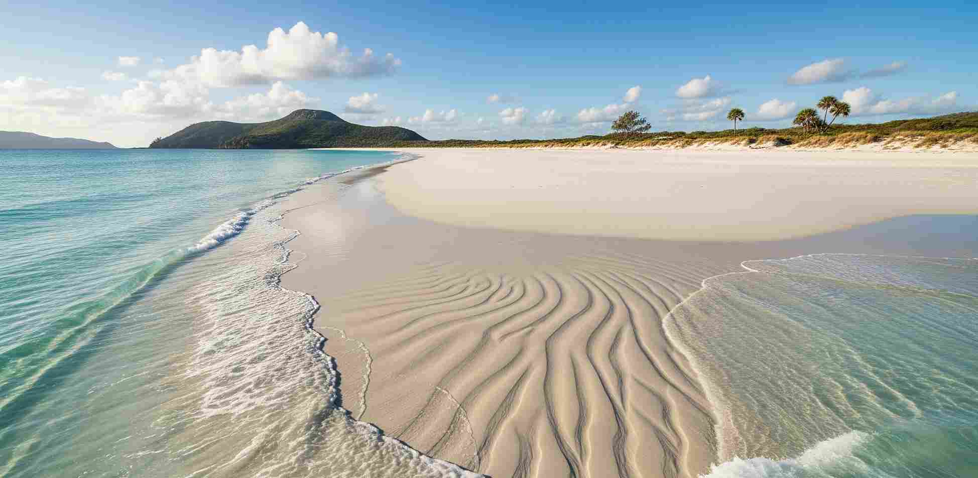 Keindahan pantai di luar negeri, Whitehaven Beach di Whitsunday Islands, Australia, dengan pasir silika putih bersih dan air pirus jernih yang membentuk pola berputar yang memukau di bawah langit biru cerah.