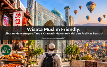 wisatawan menikmati pemandangan alam dan kuliner halal pada destinasi wisata muslim friendly